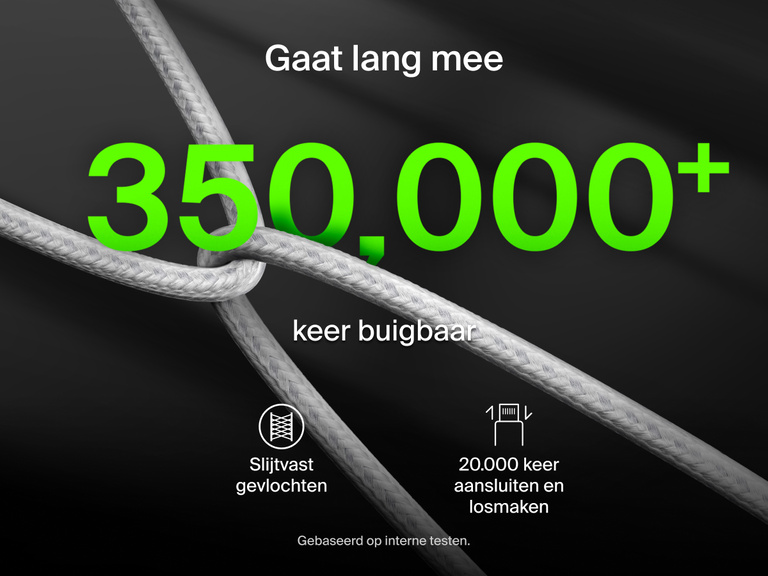Afbeelding van een Belkin BoostCharge Pro gevlochten USB-C/2x USB-C-kabel die gemaakt is om lang mee te gaan. Hij heeft een slijtvaste gevlochten buitenkant, is ten minste 350,000 keer buigbaar en kan 20.000 keer worden aangesloten en losgemaakt.